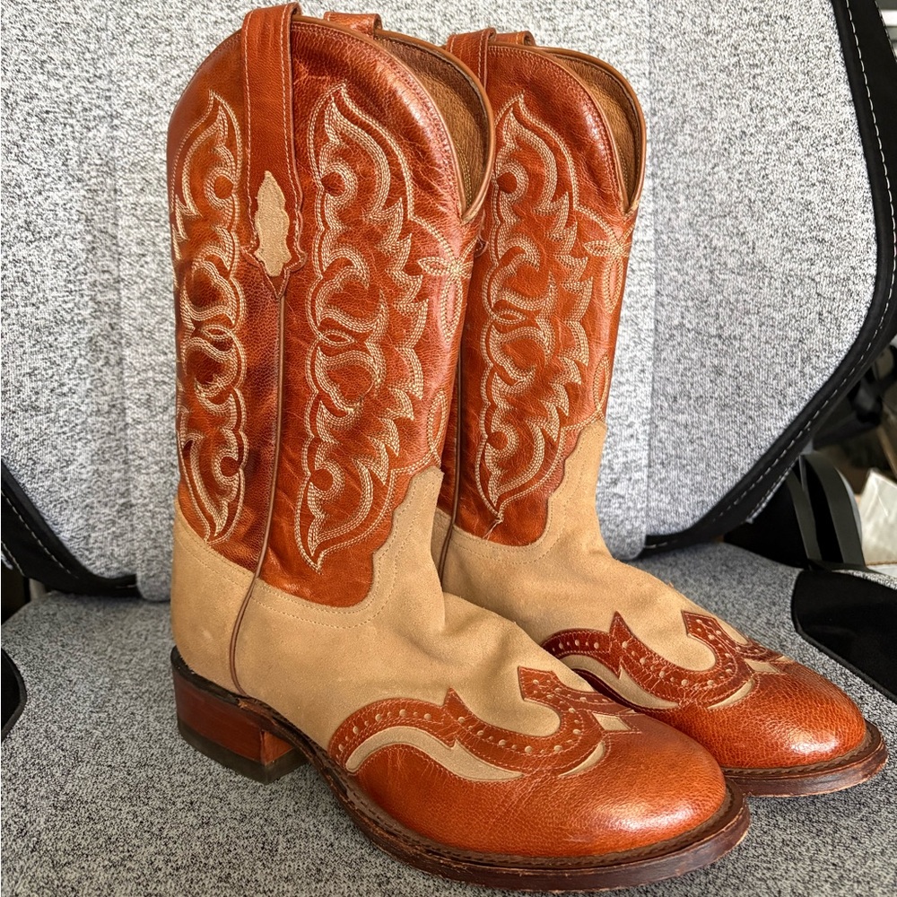 Women’s Two-Tone Brown & Tan Western Cowboy Boots Size 6.5 Leather & Suede